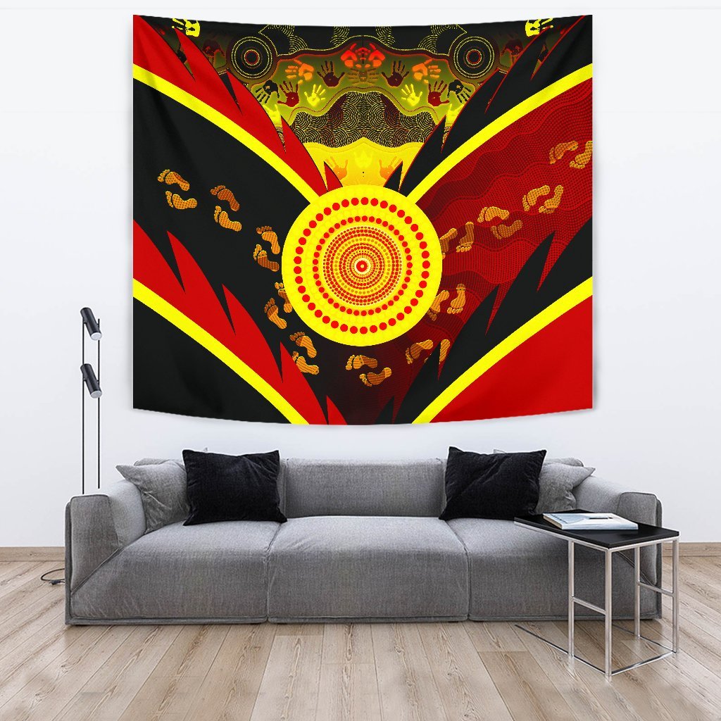 Aboriginal Tapestry - Indigenous Flag With Footprint Hand Art - Vibe Hoodie Shop