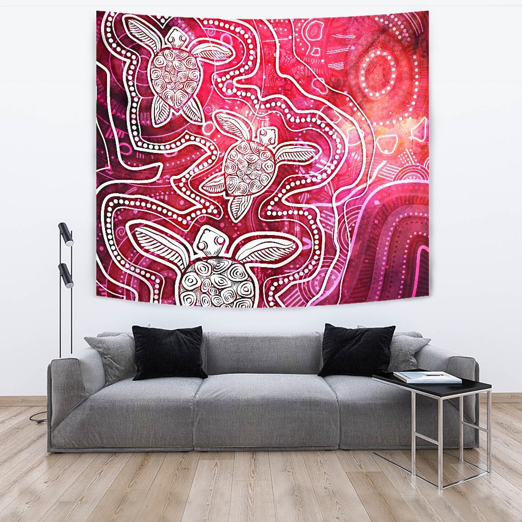 Aboriginal Tapestry - Sea Turtle With Indigenous Patterns (Pink) - Vibe Hoodie Shop