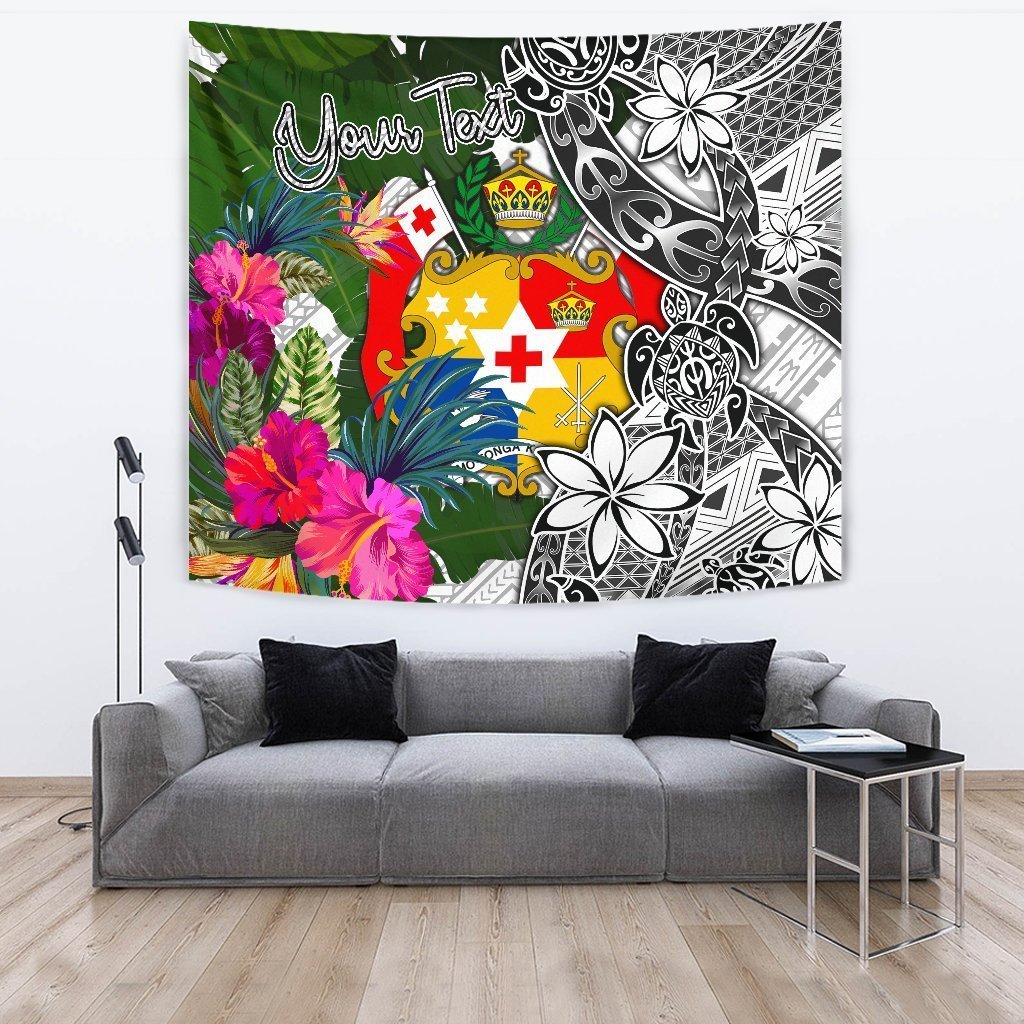 Tonga Custom Personalised Tapestry White - Turtle Plumeria Banana Leaf - Vibe Hoodie Shop