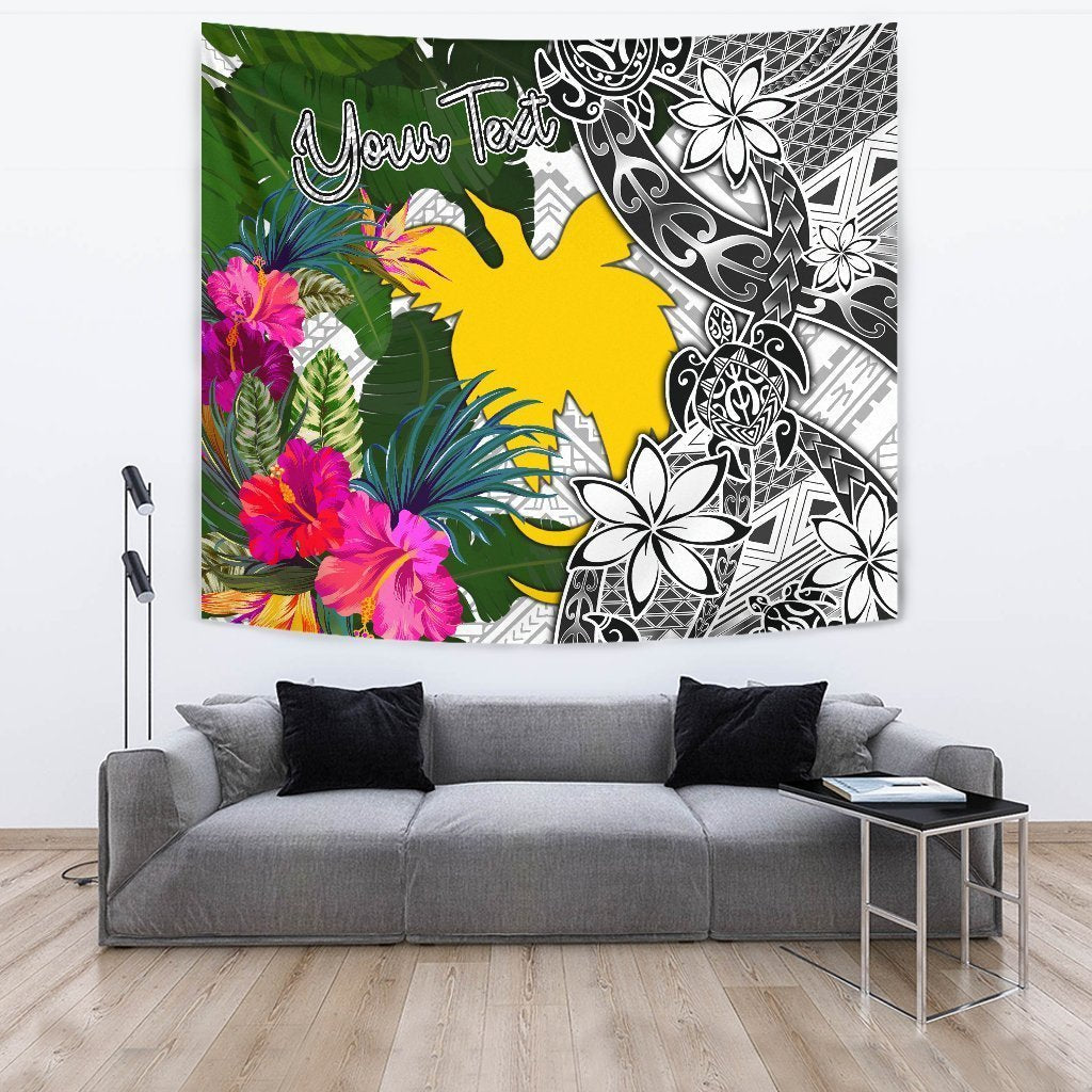 Papua New Guinea Custom Personalised Tapestry White - Turtle Plumeria Banana Leaf - Vibe Hoodie Shop