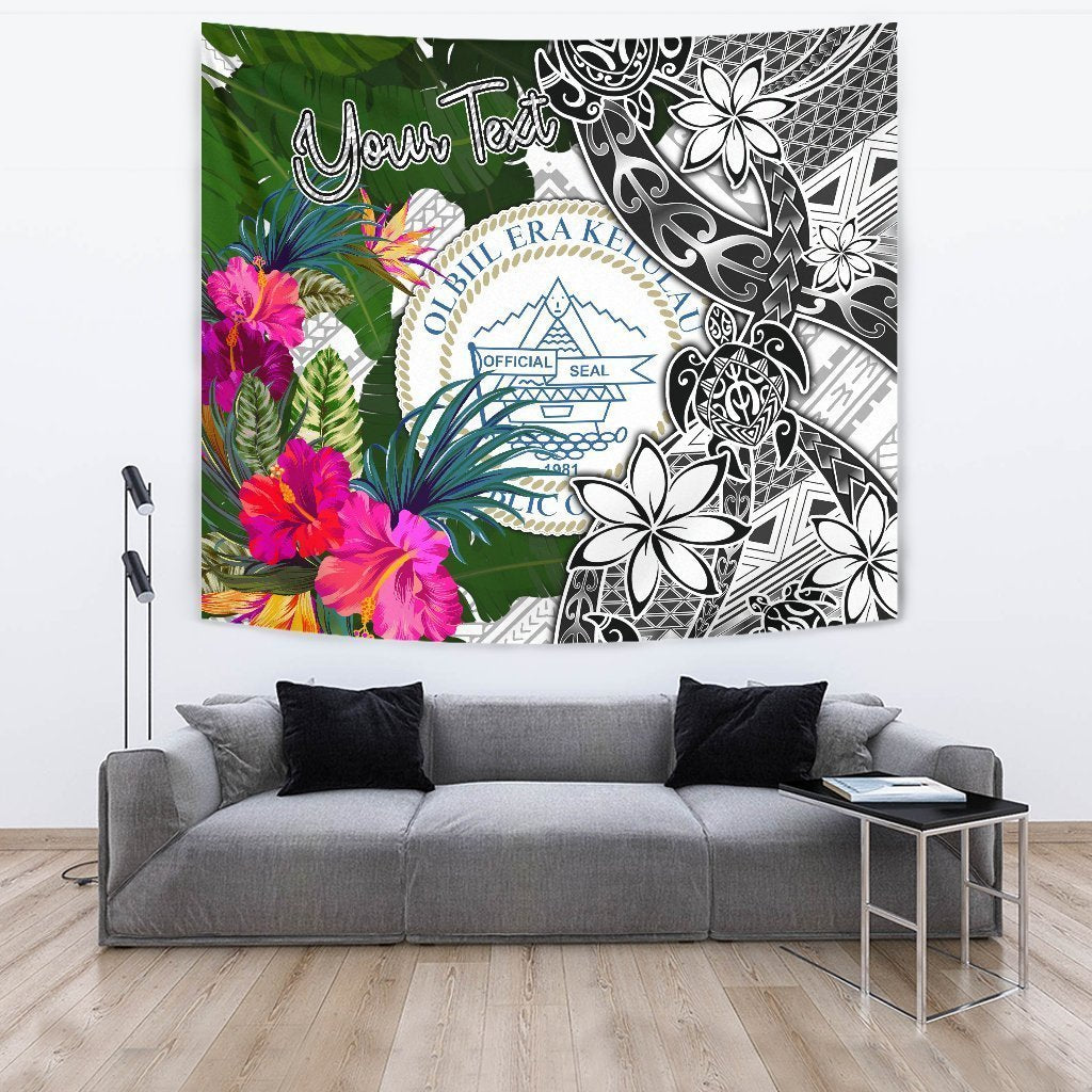 Palau Custom Personalised Tapestry White - Turtle Plumeria Banana Leaf Crest - Vibe Hoodie Shop