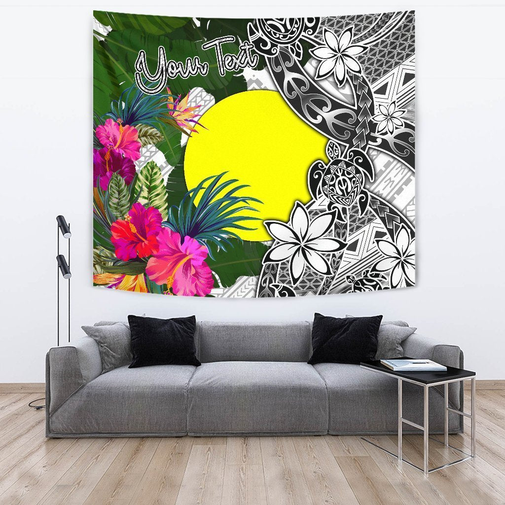 Palau Custom Personalised Tapestry White - Turtle Plumeria Banana Leaf - Vibe Hoodie Shop