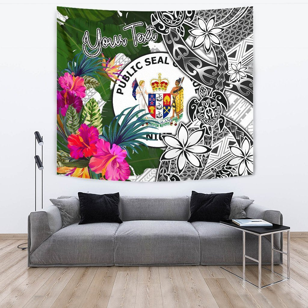 Niue Custom Personalised Tapestry White - Turtle Plumeria Banana Leaf - Vibe Hoodie Shop