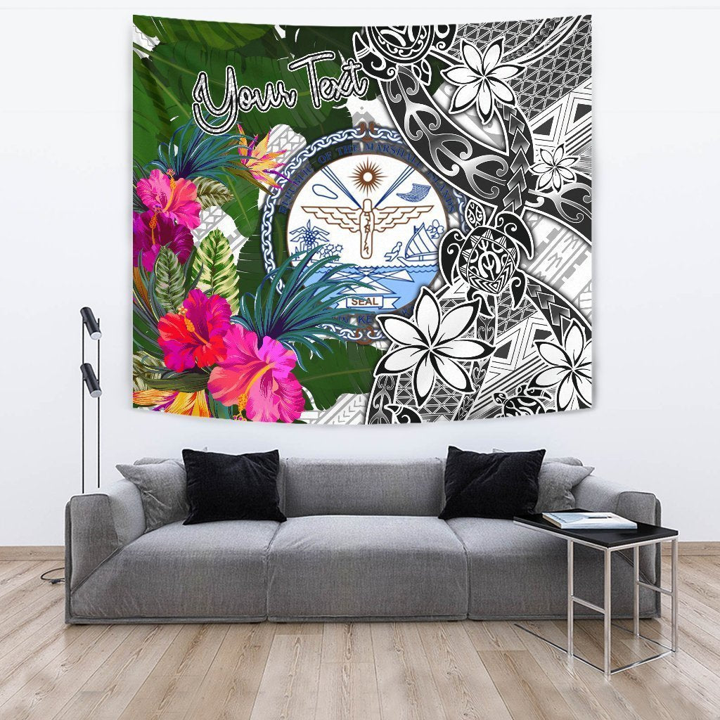 Marshall Islands Custom Personalised Tapestry White - Turtle Plumeria Banana Leaf Crest - Vibe Hoodie Shop