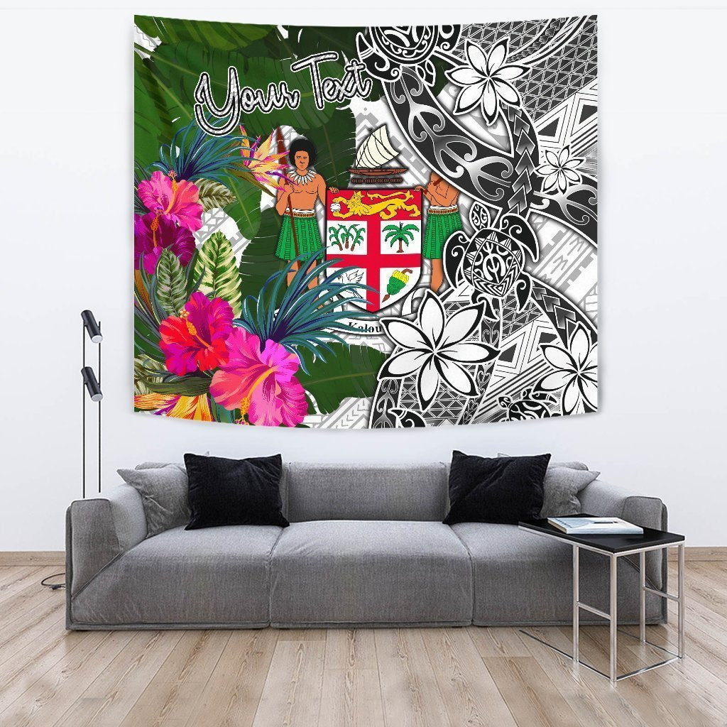 Fiji Custom Personalised Tapestry White - Turtle Plumeria Banana Leaf Crest - Vibe Hoodie Shop