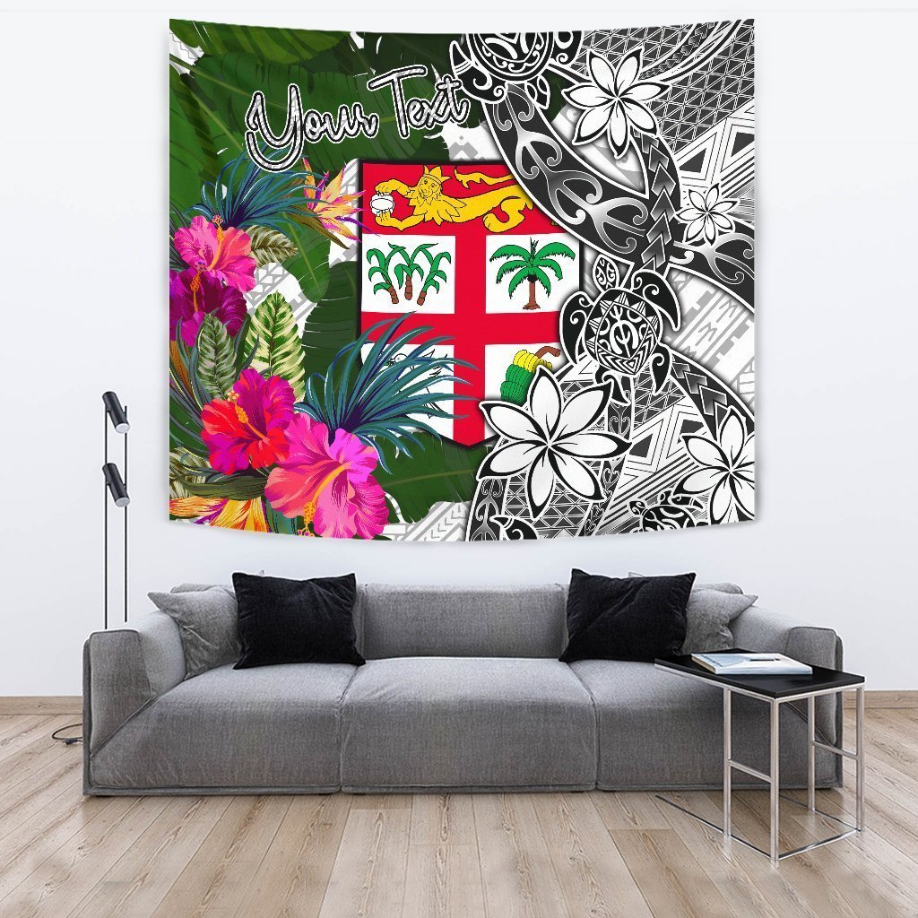 Fiji Custom Personalised Tapestry White - Turtle Plumeria Banana Leaf - Vibe Hoodie Shop