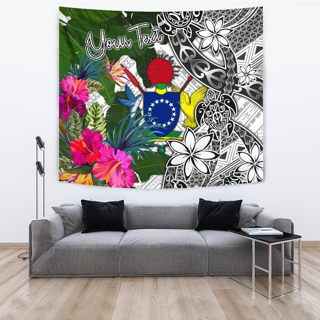 Cook Islands Custom Personalised Tapestry White - Turtle Plumeria Banana Leaf - Vibe Hoodie Shop