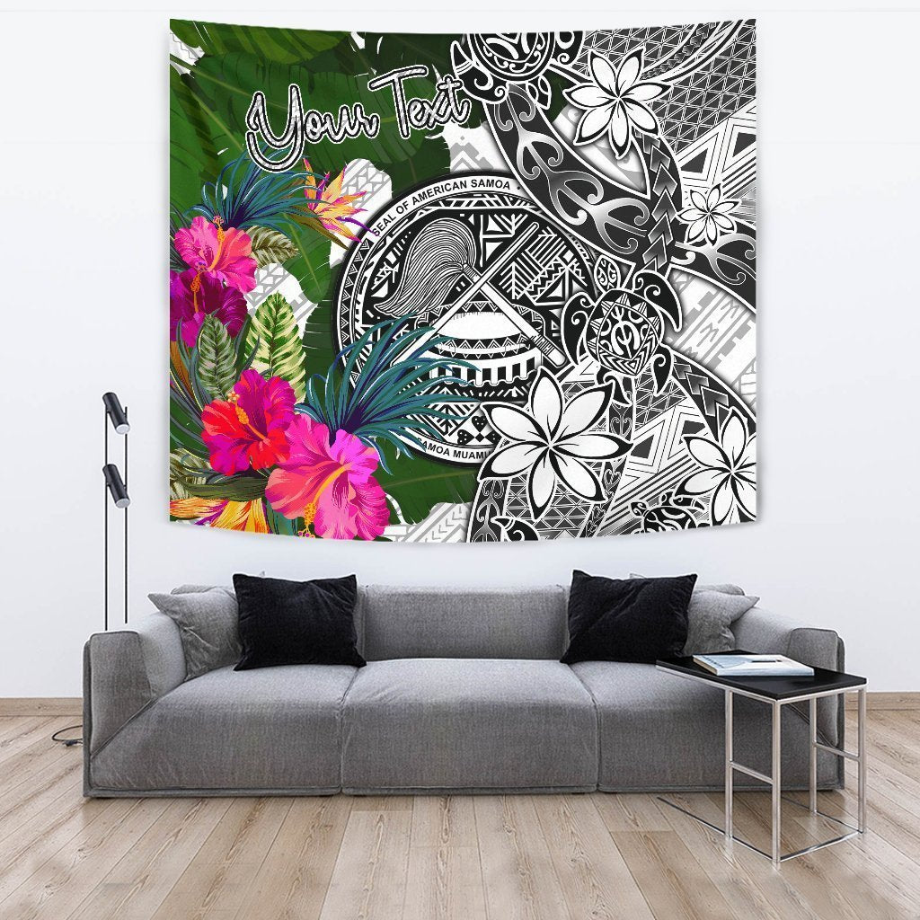 American Samoa Custom Personalised Tapestry White - Turtle Plumeria Banana Leaf - Vibe Hoodie Shop