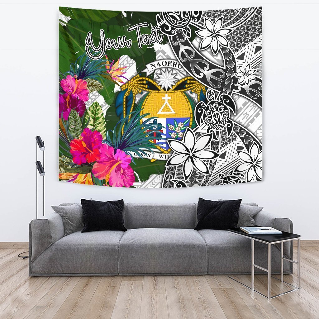 Nauru Custom Personalised Tapestry White - Turtle Plumeria Banana Leaf Crest - Vibe Hoodie Shop