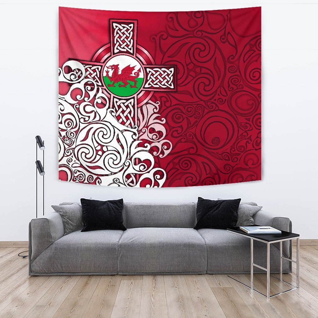 Wales Celtic Tapestry - Welsh Dragon Flag with Celtic Cross - Vibe Hoodie Shop