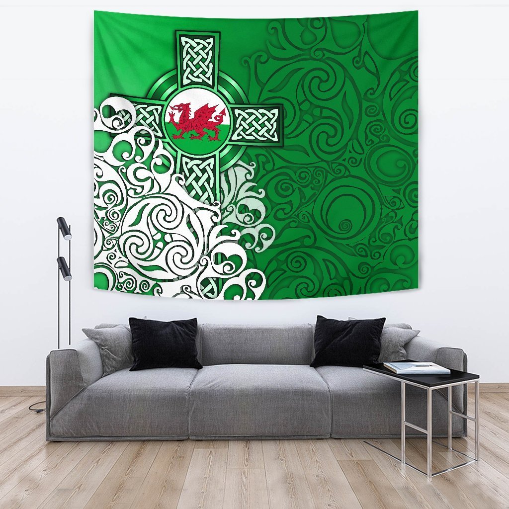 Wales Celtic Tapestry - Welsh Dragon Flag with Celtic Cross (Green) - Vibe Hoodie Shop