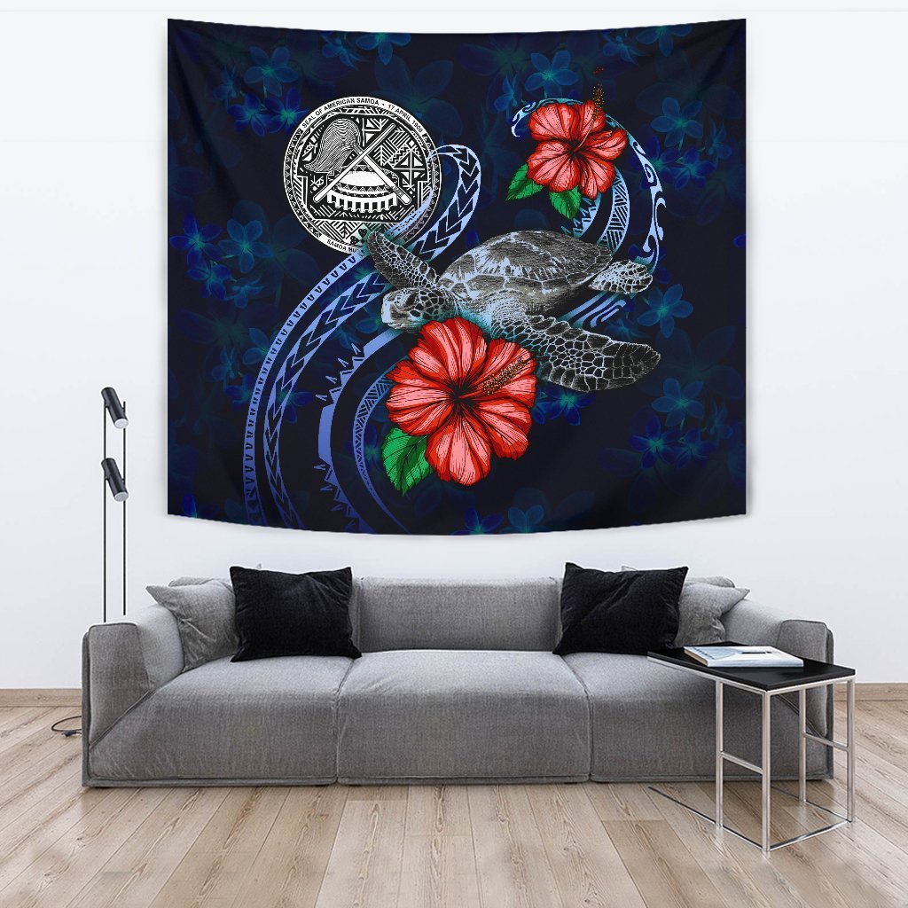 American Samoa Polynesian Tapestry - Blue Turtle Hibiscus - Vibe Hoodie Shop