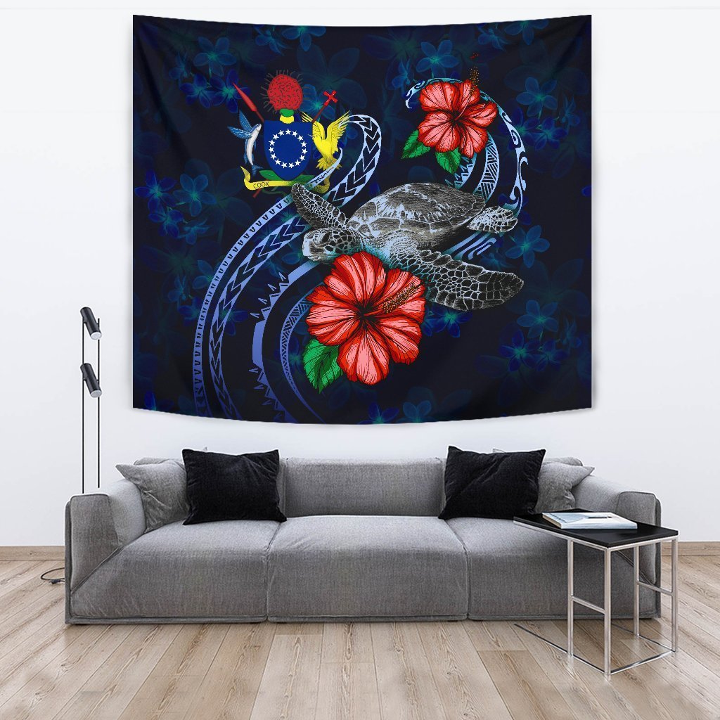 Cook Islands Polynesian Tapestry - Blue Turtle Hibiscus - Vibe Hoodie Shop