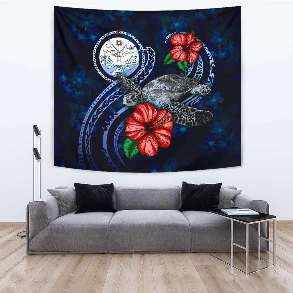 Marshall Islands Polynesian Tapestry - Blue Turtle Hibiscus - Vibe Hoodie Shop