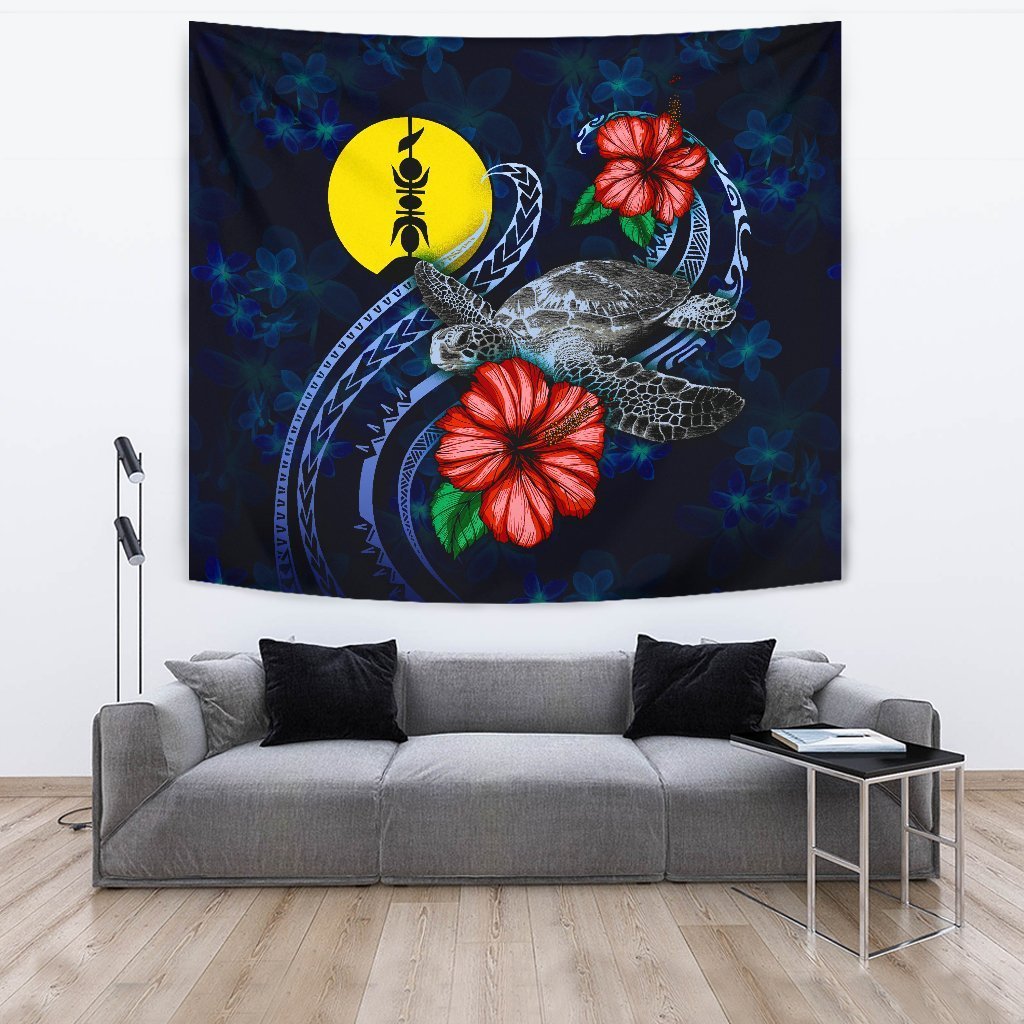 New Caledonia Polynesian Tapestry - Blue Turtle Hibiscus - Vibe Hoodie Shop