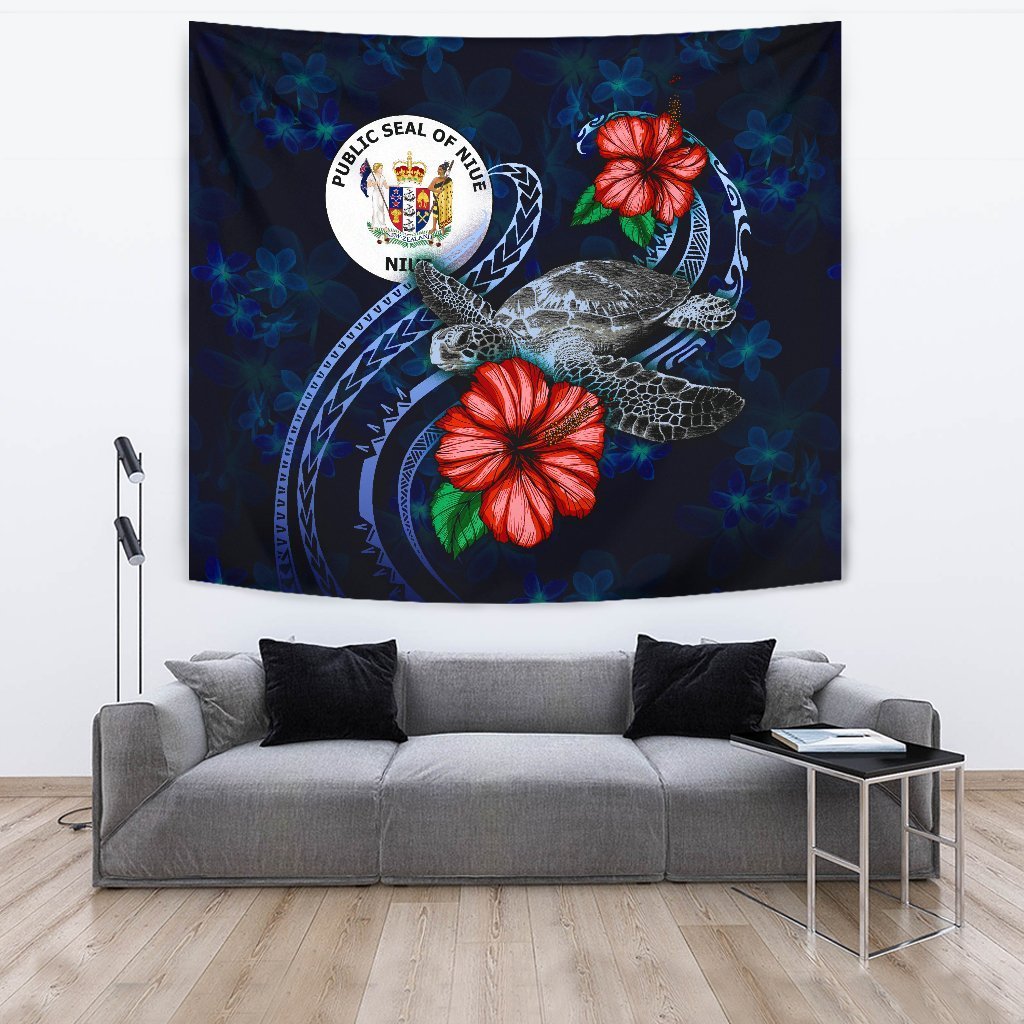 Niue Polynesian Tapestry - Blue Turtle Hibiscus - Vibe Hoodie Shop