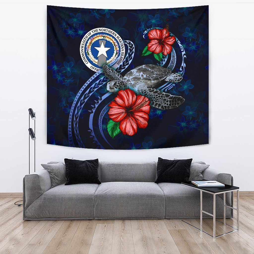 Northern Mariana Islands Polynesian Tapestry - Blue Turtle Hibiscus - Vibe Hoodie Shop