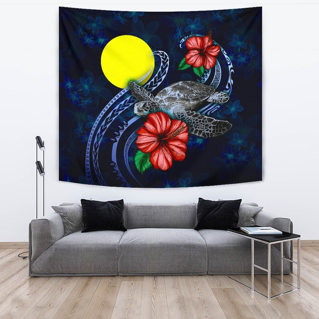 Palau Polynesian Tapestry - Blue Turtle Hibiscus - Vibe Hoodie Shop