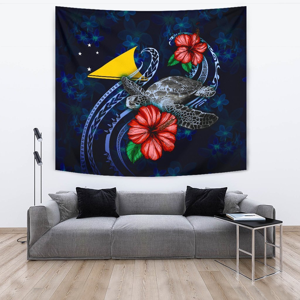 Tokelau Polynesian Tapestry - Blue Turtle Hibiscus - Vibe Hoodie Shop