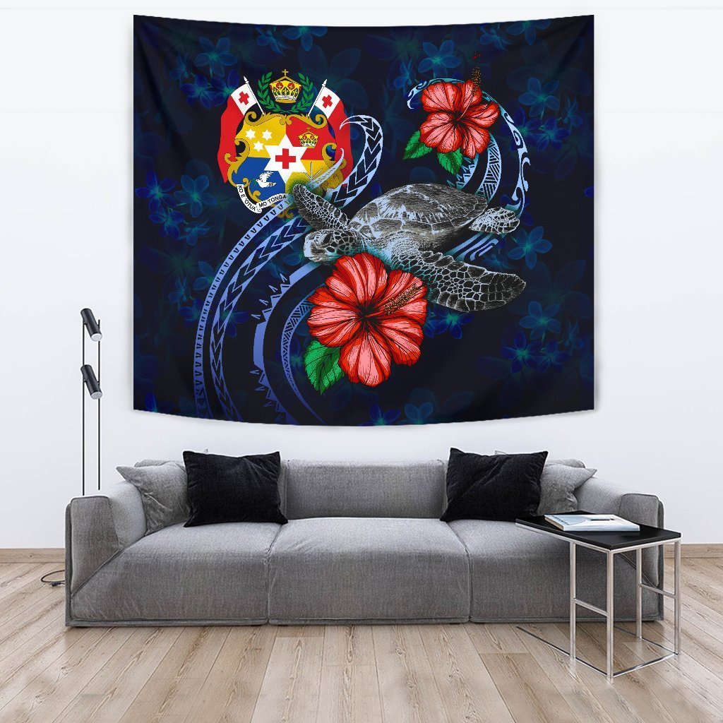 Tonga Polynesian Tapestry - Blue Turtle Hibiscus - Vibe Hoodie Shop