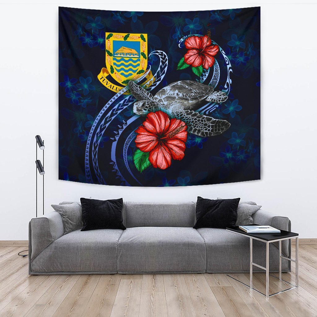 Tuvalu Polynesian Tapestry - Blue Turtle Hibiscus - Vibe Hoodie Shop