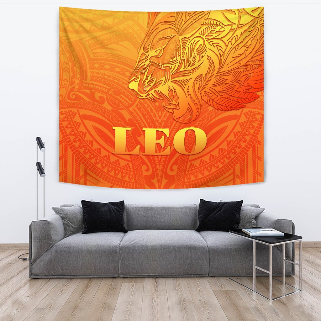 Sun In Leo Zodiac Tapestry Polynesian Tattoo Simple - Orange - Vibe Hoodie Shop