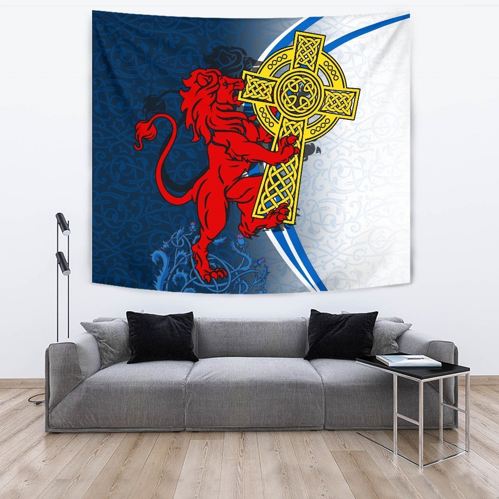 Scotland Tapestry - Scottish Lion With Celtic Cross - Vibe Hoodie Shop