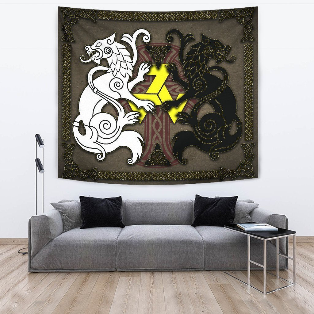 Celtic Tapestry - Wolfs With Celtic Cross And Triskelion - Vibe Hoodie Shop