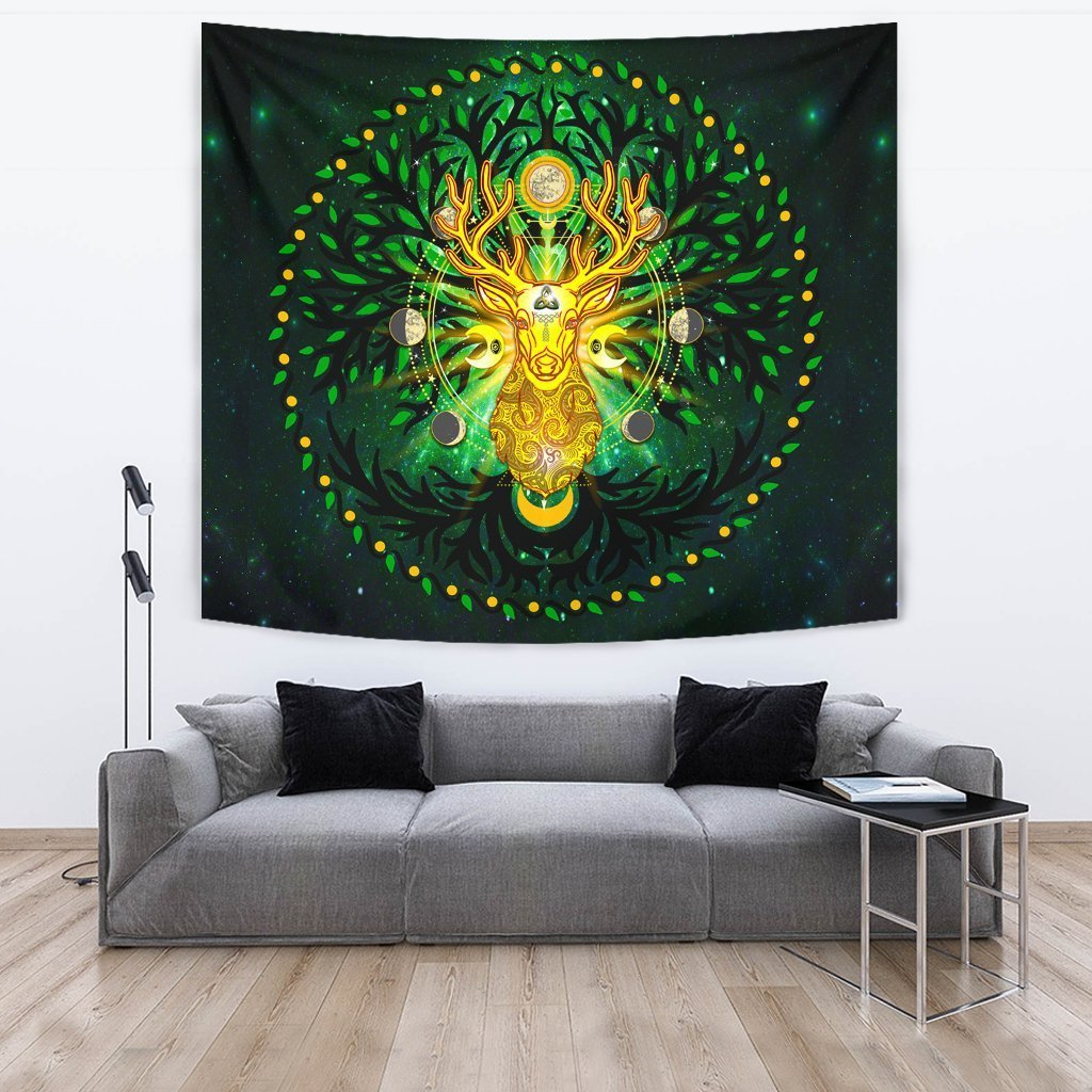 Celtic Pagan Deer Tapestry - Moon Phases Deer with Tree of Life - Vibe Hoodie Shop