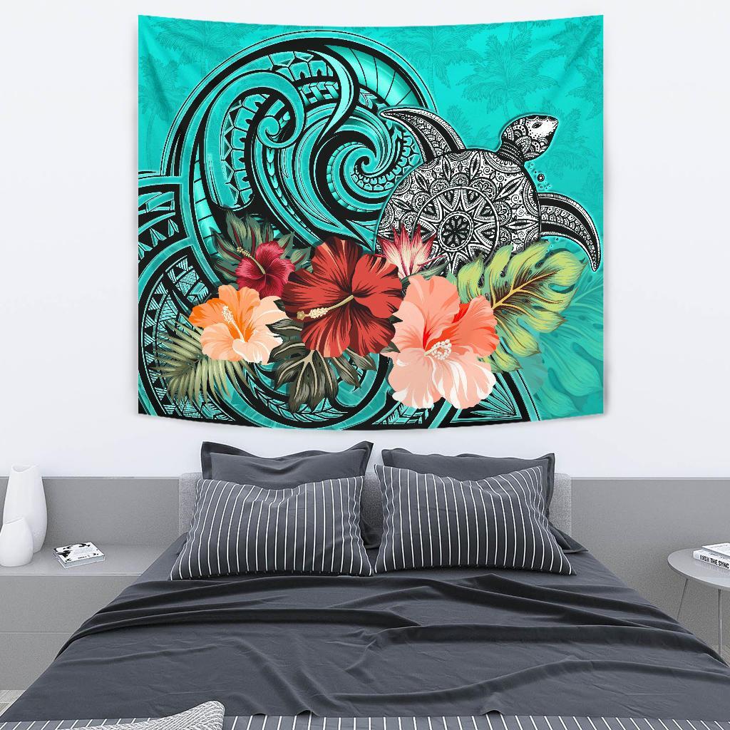 Turtle Tapestry Hibiscus Polynesian Turquoise - Vibe Hoodie Shop