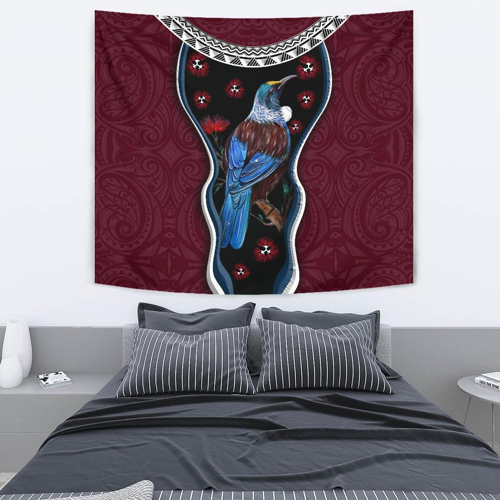 New Zealand Tui Bird Tapestry, Pohutukawa - Burgundy - Vibe Hoodie Shop