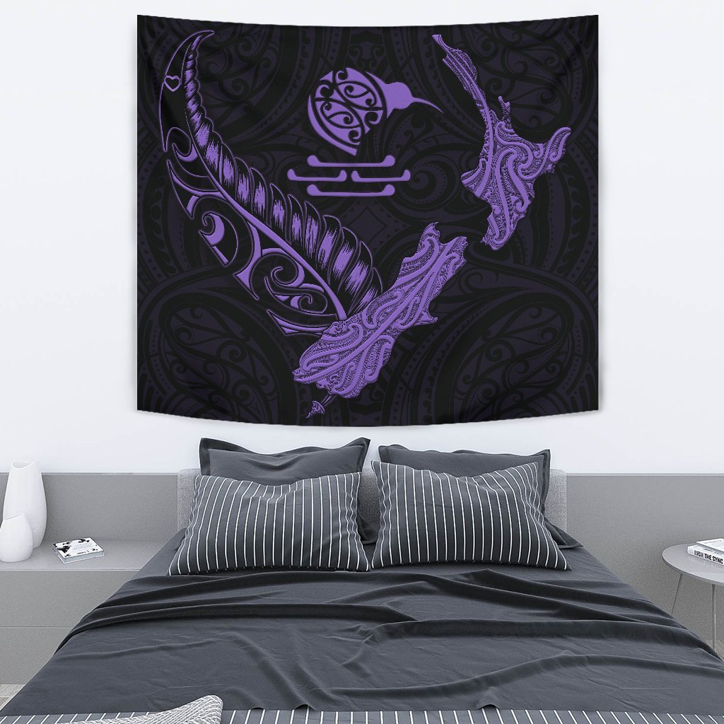 New Zealand Heart Tapestry - Map Kiwi mix Silver Fern Pastel Purple - Vibe Hoodie Shop