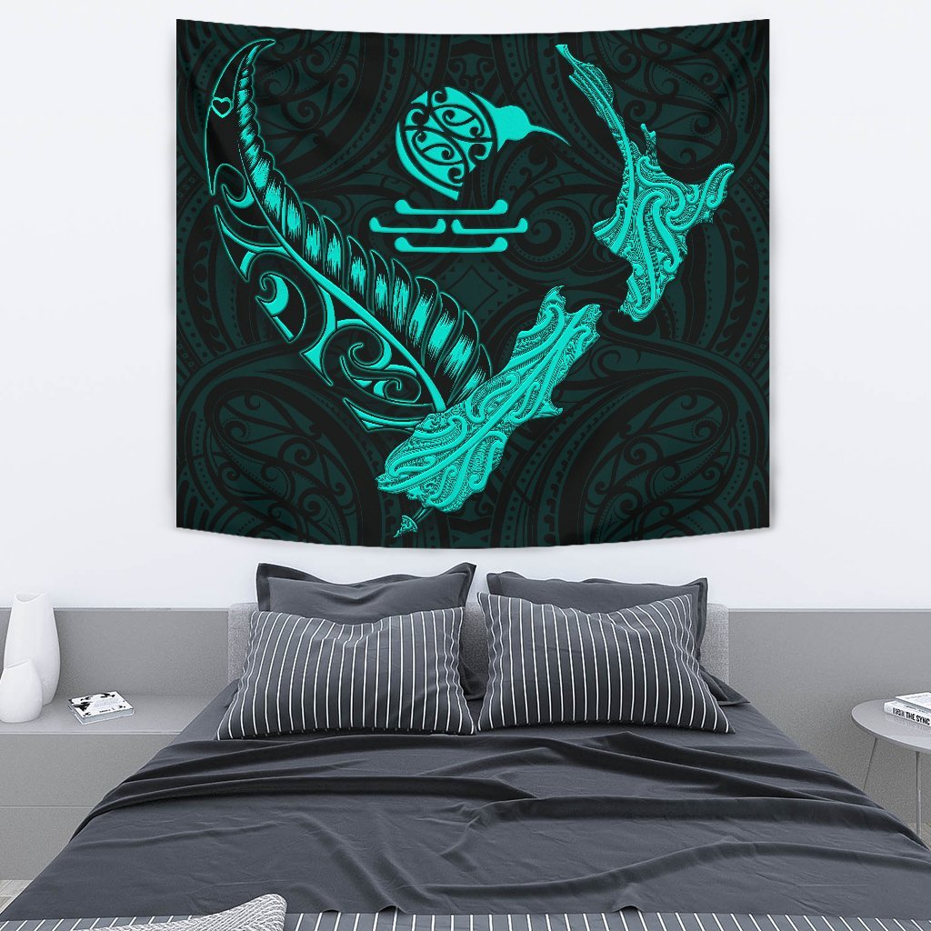 New Zealand Heart Tapestry - Map Kiwi mix Silver Fern Turquoise - Vibe Hoodie Shop