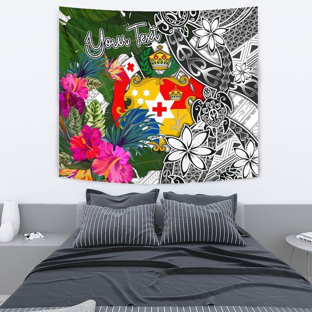 Tonga Custom Personalised Tapestry White - Turtle Plumeria Banana Leaf - Vibe Hoodie Shop