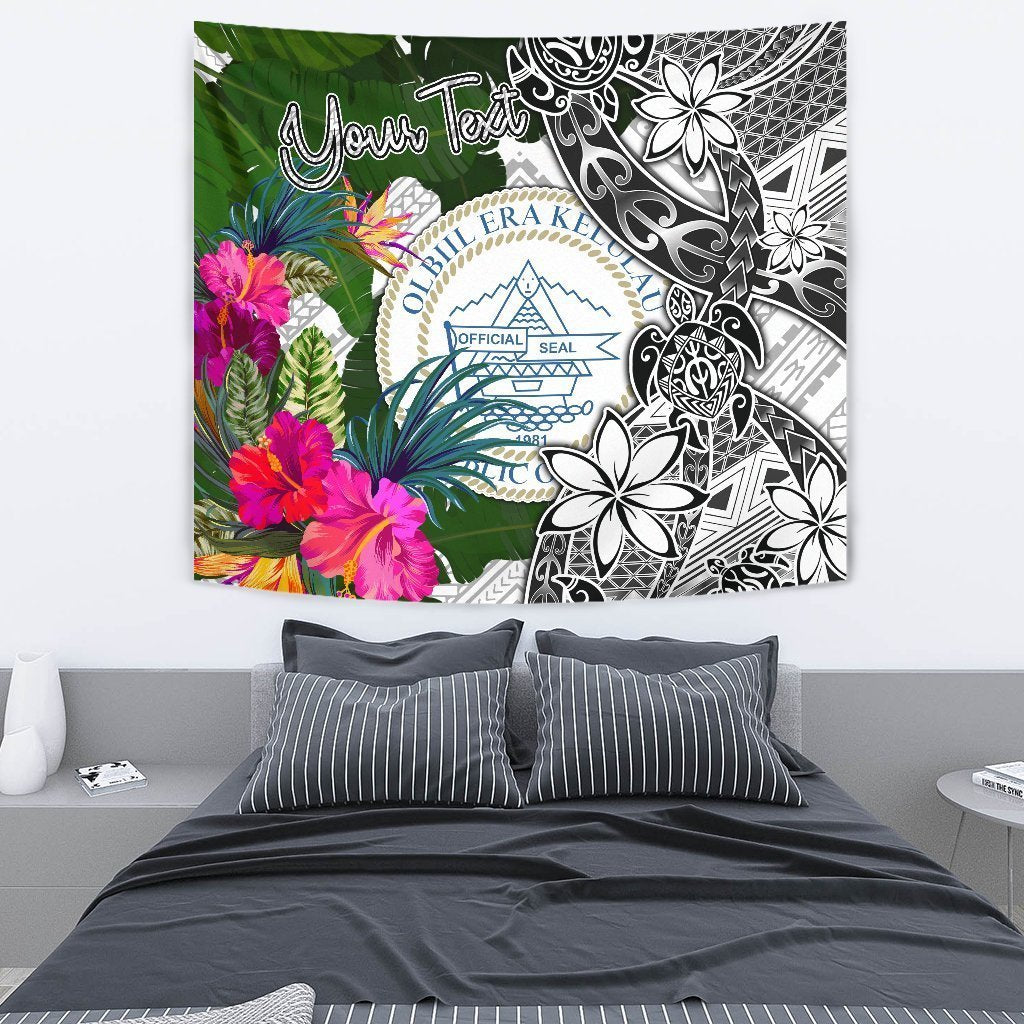 Palau Custom Personalised Tapestry White - Turtle Plumeria Banana Leaf Crest - Vibe Hoodie Shop