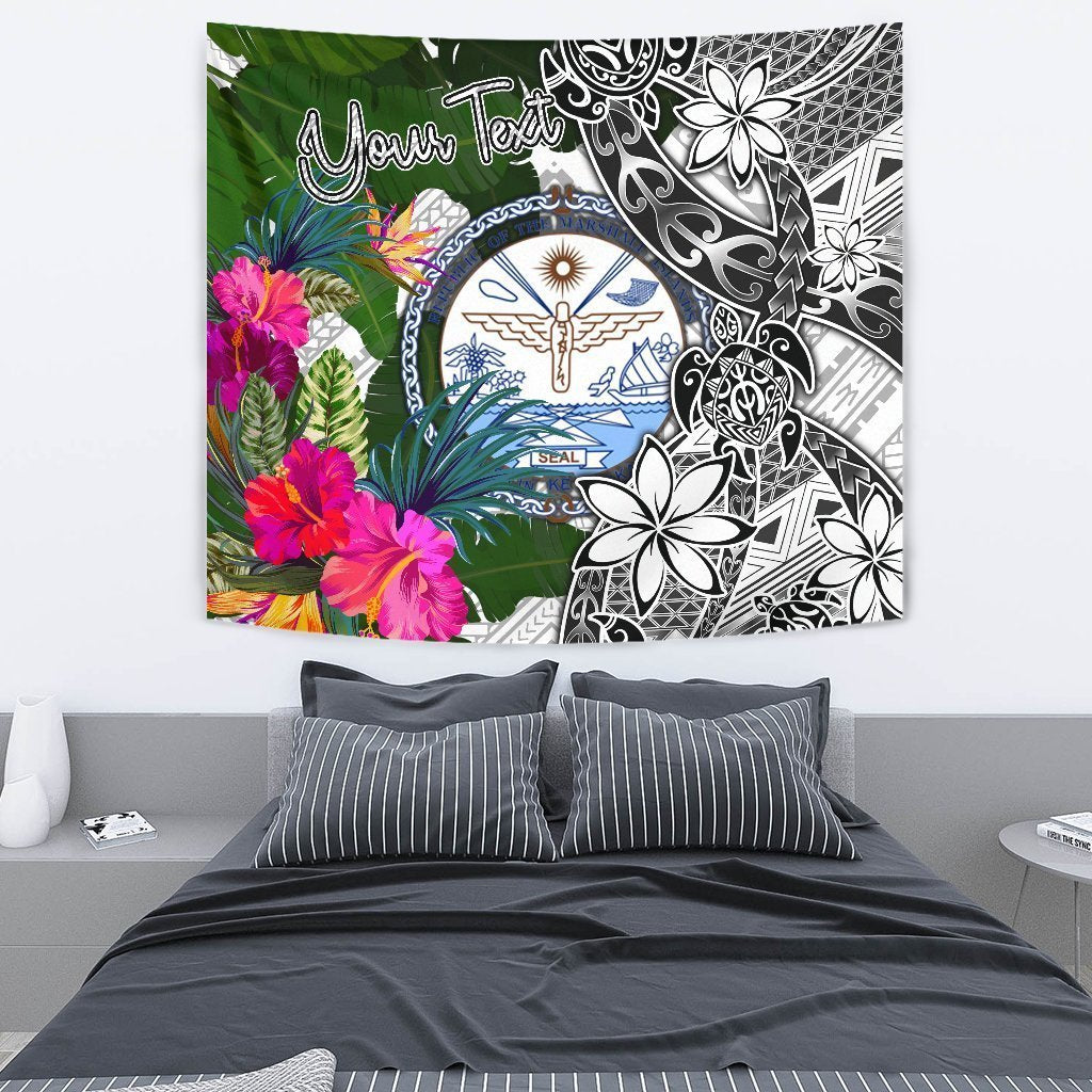 Marshall Islands Custom Personalised Tapestry White - Turtle Plumeria Banana Leaf Crest - Vibe Hoodie Shop