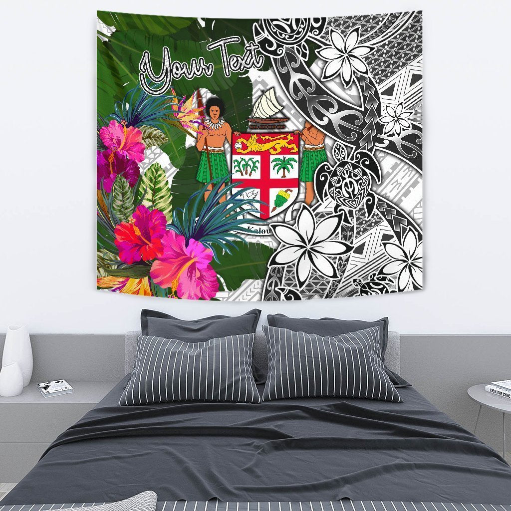 Fiji Custom Personalised Tapestry White - Turtle Plumeria Banana Leaf Crest - Vibe Hoodie Shop