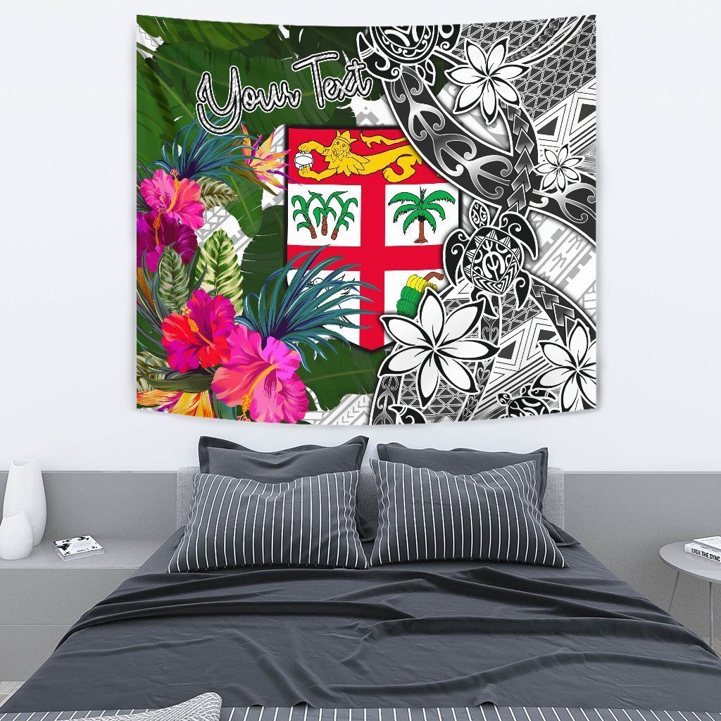 Fiji Custom Personalised Tapestry White - Turtle Plumeria Banana Leaf - Vibe Hoodie Shop