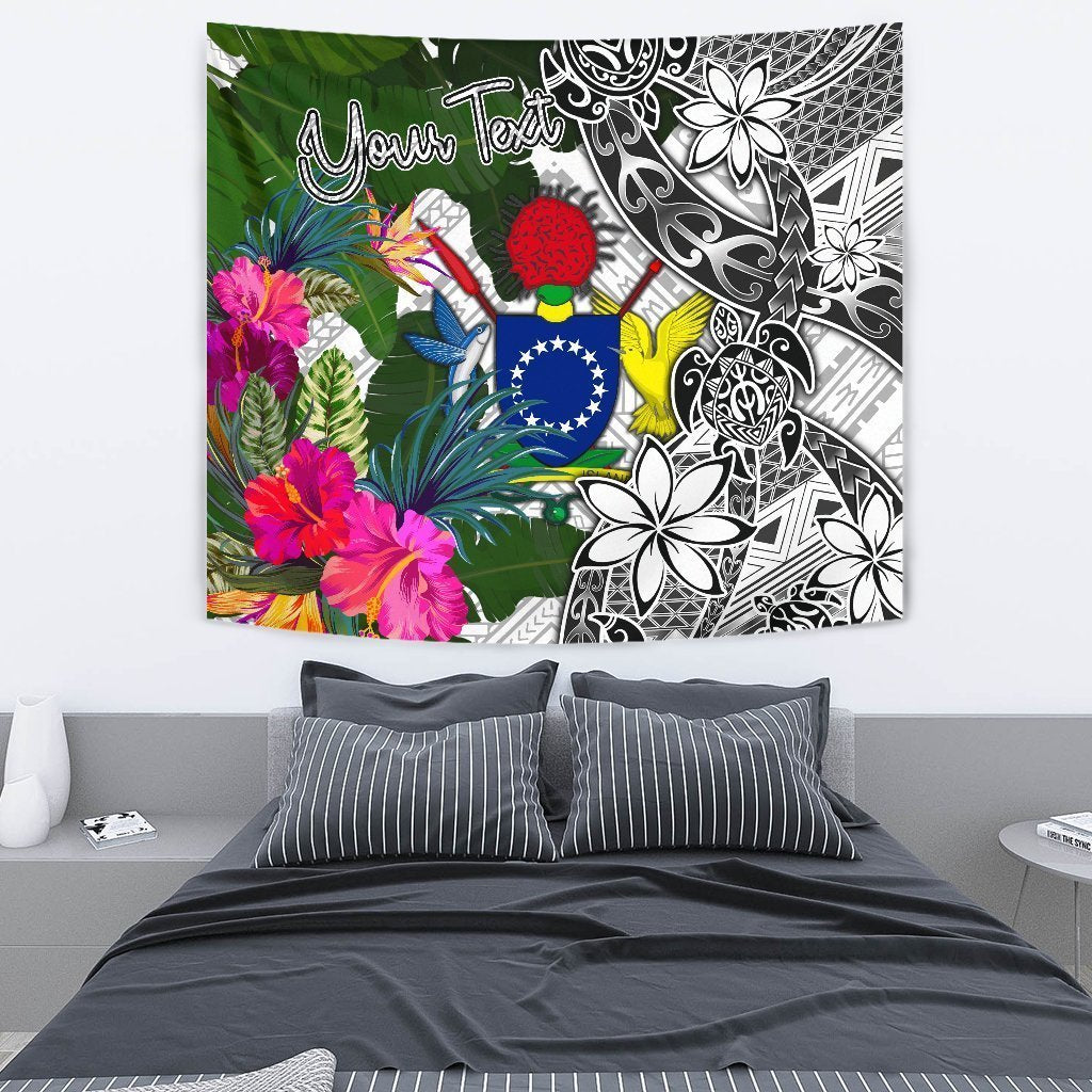 Cook Islands Custom Personalised Tapestry White - Turtle Plumeria Banana Leaf - Vibe Hoodie Shop