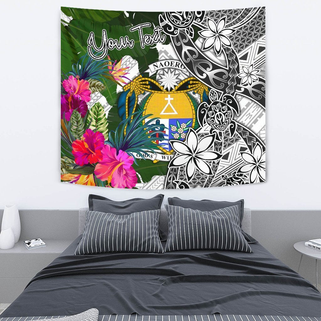 Nauru Custom Personalised Tapestry White - Turtle Plumeria Banana Leaf Crest - Vibe Hoodie Shop