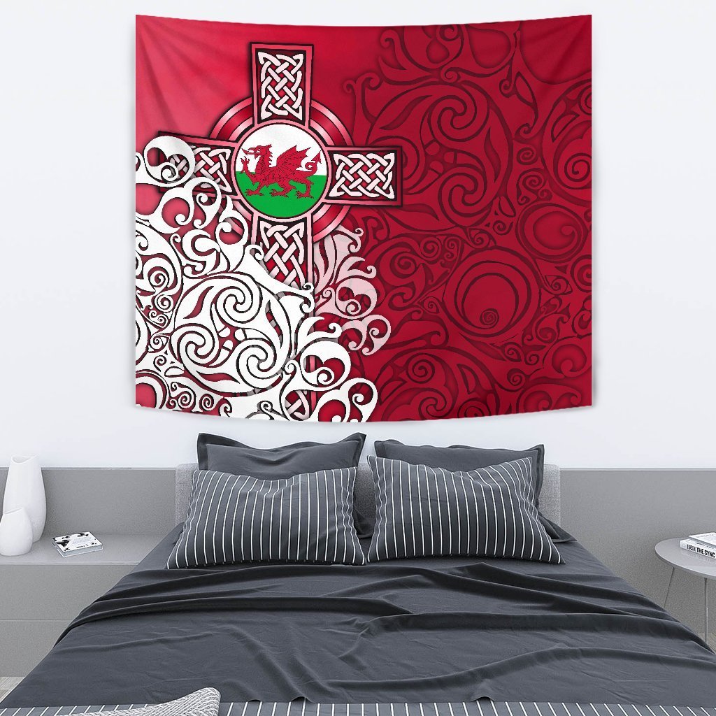 Wales Celtic Tapestry - Welsh Dragon Flag with Celtic Cross - Vibe Hoodie Shop