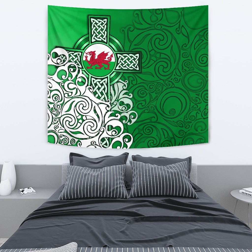 Wales Celtic Tapestry - Welsh Dragon Flag with Celtic Cross (Green) - Vibe Hoodie Shop