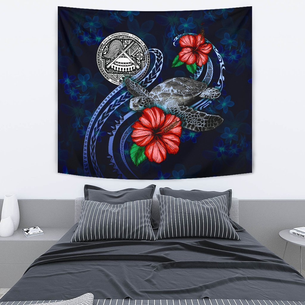 American Samoa Polynesian Tapestry - Blue Turtle Hibiscus - Vibe Hoodie Shop