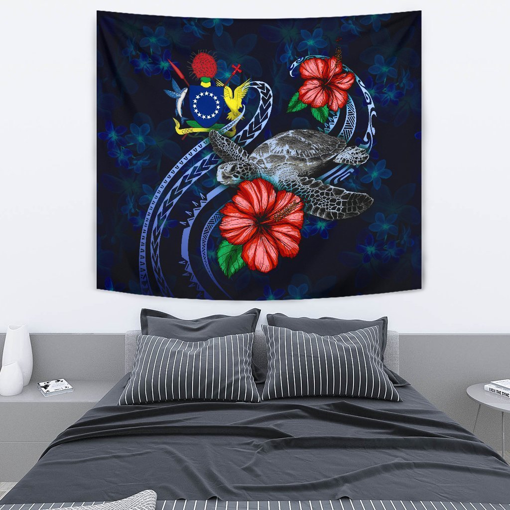 Cook Islands Polynesian Tapestry - Blue Turtle Hibiscus - Vibe Hoodie Shop