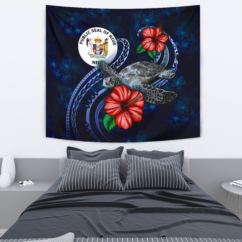 Niue Polynesian Tapestry - Blue Turtle Hibiscus - Vibe Hoodie Shop