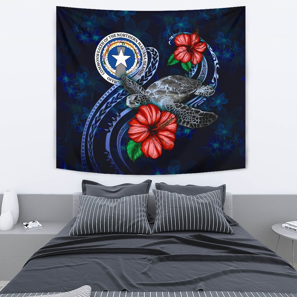 Northern Mariana Islands Polynesian Tapestry - Blue Turtle Hibiscus - Vibe Hoodie Shop