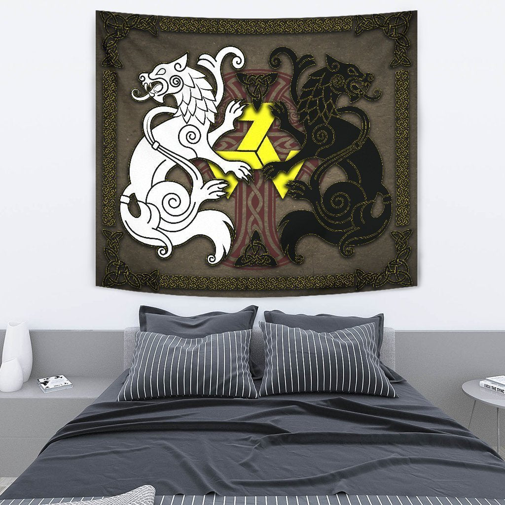 Celtic Tapestry - Wolfs With Celtic Cross And Triskelion - Vibe Hoodie Shop