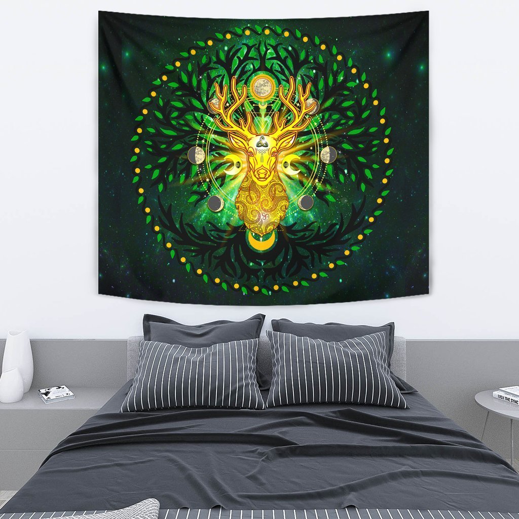 Celtic Pagan Deer Tapestry - Moon Phases Deer with Tree of Life - Vibe Hoodie Shop