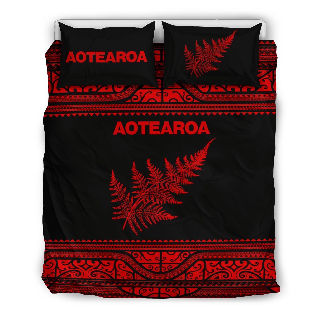 Aotearoa New Zealand Maori Bedding Set Silver Fern - Red - Vibe Hoodie Shop