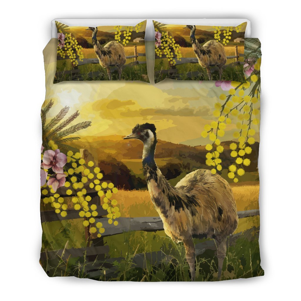 Australia Bedding Sets - Emus Bed Golden Wattle Flower Landscape Art Sets - Vibe Hoodie Shop